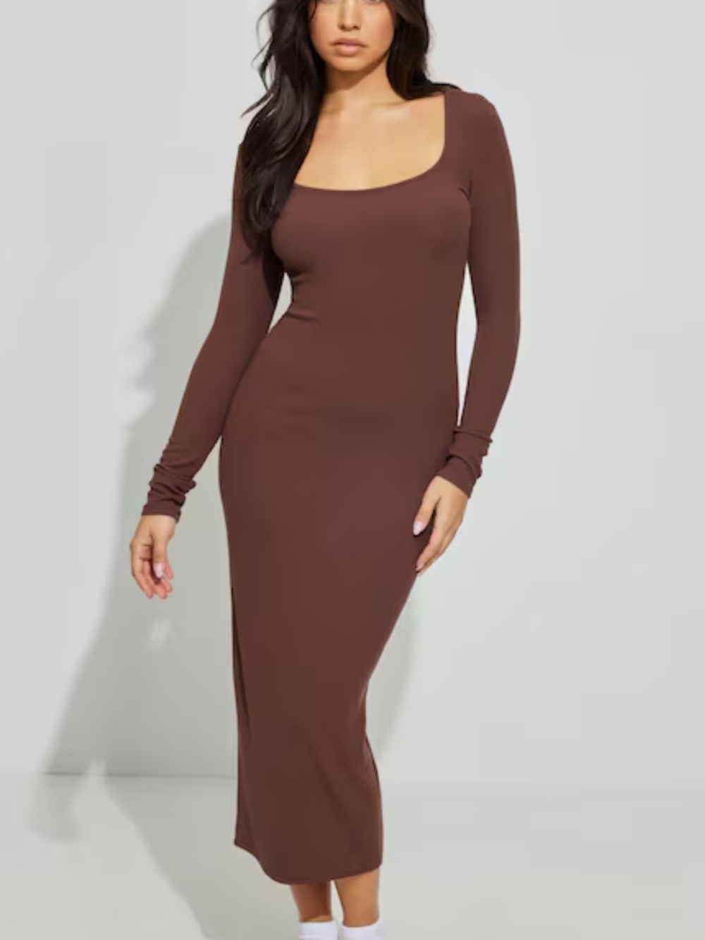 Long Sleeve Square Neck Bodycon Dress in Brown Garae S